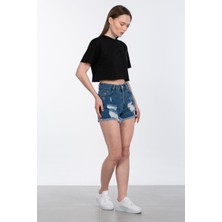 Bisiklet Yaka Cepli Crop T-Shirt - Siyah