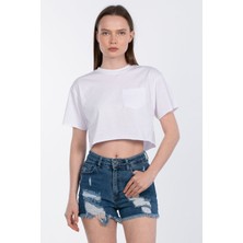 Bisiklet Yaka Cepli Crop T-Shirt - Beyaz