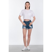 Bisiklet Yaka Cepli Crop T-Shirt - Beyaz