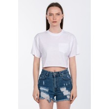 Bisiklet Yaka Cepli Crop T-Shirt - Beyaz