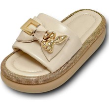 Bej Gold Taş Detaylı Tavşan Tokalı Kadın Günlük Yüksek Kalın Taban Topuklu Terlik