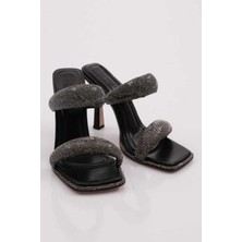 Metalik Siyah Kadın Kalın Silver Taş Bantlı Topuklu Terlik