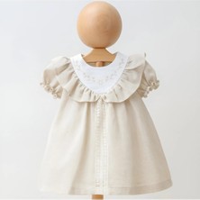 Kız Nakışlı Yaka Detaylı Lastikli Karpuz Kol Astarlı Keten Elbise