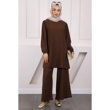 İmaj Butik Kahverengi Tunik Pantolonlu Takım Dokuma Malzeme ile Şık Bürümcük Desenli Tasarım