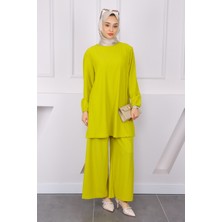 İmaj Butik Yağ Yeşili Bürümcük Tunik Pantolonlu Takım
