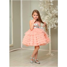 Kız Çocuk Pudra Fiyonk Detaylı Kat Kat Tütü Etekli Kabarık  Abiye Elbise