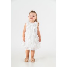 Beyaz 3D Gül Detaylı Kız Çocuk Elbisesi – Kolsuz, Pamuklu, Özel Günlük