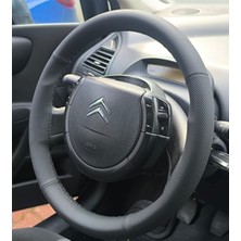 Dikişli Direksiyon Kılıfı Siyah Deri Noktalı Deri Siyah Dikişli Citroen C4 Için