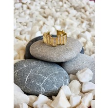 Zikzak Geometrik Model Sedefli Zirkon Taşlı Ayarlanabilir Gold Renk Çelik Yüzük