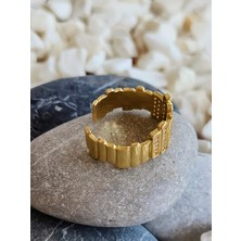 Zikzak Geometrik Model Sedefli Zirkon Taşlı Ayarlanabilir Gold Renk Çelik Yüzük