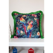 Tropikal Papağan Desenli Saçaklı Kırlent Kılıfı - 43 x 43 cm