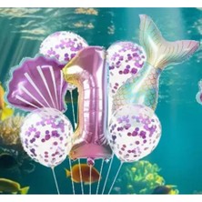 Deniz Kızı Kuyruğu Mor Konfetili 1 Yaş Folyo Balon Set
