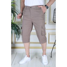 Kahverengi Erkek Regular Fit Rahat Kesim Kapri Likralı Gabardin Diz Altı Kargo Cepli Bermuda Kapri