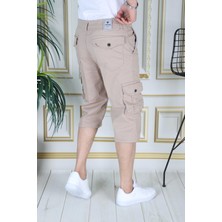 Krem Erkek Regular Fit Rahat Kesim Kapri Likralı Gabardin Diz Altı Kargo Cepli Bermuda Kapri