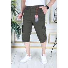 Haki Erkek Regular Fit Rahat Kesim Kapri Likralı Gabardin Diz Altı Kargo Cepli Bermuda Kapri