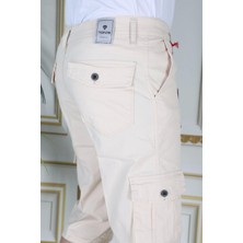 Bej Erkek Regular Fit Rahat Kesim Kapri Likralı Gabardin Diz Altı Kargo Cepli Bermuda Kapri