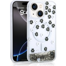 Kip GSM Iphone 15 Uyumlu Kılıf Çiçek Desenli Içi Hareketli Sıvılı Simli Şeffaf Magsafe Destekli Kapak