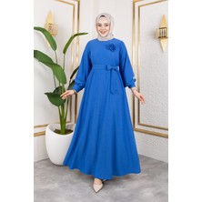 Gül Detaylı Tesettür ELBISE-5028 Saks Mavisi