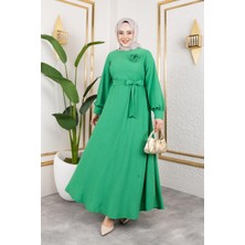 Gül Detaylı Tesettür ELBISE-5028 Benetton Yeşili