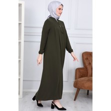Medine Ipeği Tesettür Pile Detaylı Ferace MS-0165 Haki