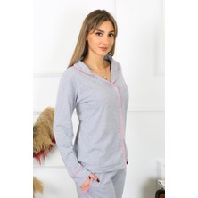 Kent Moda Kadın Pamuk Penye Önden Düğmeli Uzun Kol Gri Pijama Takım 2782