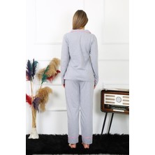 Kent Moda Kadın Pamuk Penye Önden Düğmeli Uzun Kol Gri Pijama Takım 2782
