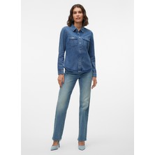 Vero Moda Normal Gömlek Yaka Indigo Kadın Gömlek Vmjennıe Ls Denım Shırt Mıx Ga Noos