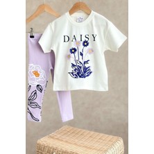 Miniğimin Cicileri Daisy Çiçek Işleme Detaylı Kız Çocuk taytlı takım - Lila