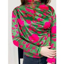Kadın Yeşil-Pembe Yaprak Desenli Uzun Kollu Kadife Bluz