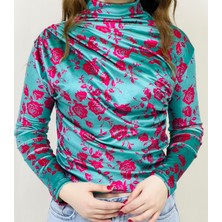 Kadın Mavi-Pembe Yaprak Desenli Uzun Kollu Kadife Bluz