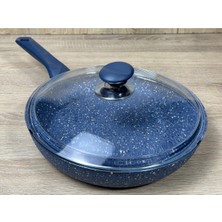 Morelli 26 cm Granit Tava Cam Kapaklı Mavi Mermer