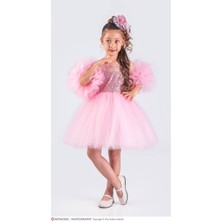 Kız Çocuk Payetli Tütülü Doğum Günü & Düğün Kız Çocuk Abiye Elbise 1616PUDRA