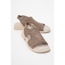 Weave Koyu Bej Örme Hakiki Deri Kadın Sandalet