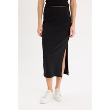 DeFacto Fitted Vücudu Saran Yırtmaçlı Basic Fitilli Kaşkorse Siyah Midi Etek E2247AX25SP
