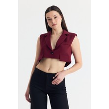 Bordo Crop Vatkalı Tek Düğme Cep Detay Yelek 6929