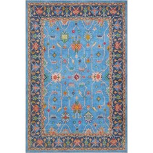 Cool Halı Beylerbeyi By 845 Mavi Halı Çiçek Desenli Otantik Ev Salon Halısı Yıkanabilir Dokuma Şönil Halı