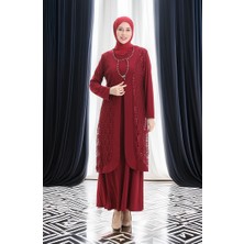 Sefa Merve Büyük Beden Dantel Yelek Elbise Ikili Takım 4123-03 Bordo