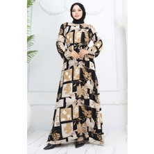 Sefa Merve Viskon Kumaş Kolu Lastikli Desenli Elbise 2026-02 Siyah Sütlü Kahve