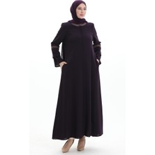 Sefa Merve Büyük Beden Gizli Fermuarlı Nakışlı Ferace 6193-05 Mor