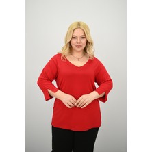 Koza Butik Kadın V Yaka Bantlı Bluz 40-50 Beden Aralığında Modern Kırmızı Renk