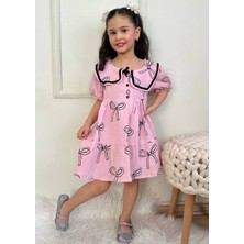 Deniz Home Wear Pamuk Kumaş Kısa Kollu Fiyonk Baskılı Bebe Yaka Kız Çocuk Bebek Elbise
