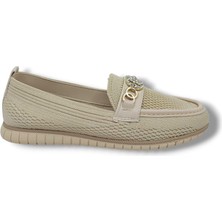 Zerhan 502 Kadın Krem Tokalı Makrome Örgü Loafer Ayakkabı