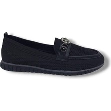 Zerhan 502 Kadın Siyah Tokalı Makrome Örgü Loafer Ayakkabı