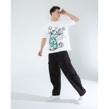 Oversıze Unisex Baskılı T-Shırt Dıno Whıte