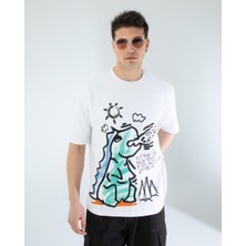 Oversıze Unisex Baskılı T-Shırt Dıno Whıte