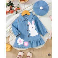 Kız Çocuk Tavşan Figürlü Açık Mavi Kot Elbise ve Şapka