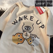 Tarz Sokak Kediler Japon Tarzı Erkek Giyim Pamuk Tee Giysi T-Shirt 3 Onlookers Uyanmak Boy Kaliteli Göml