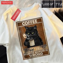 Tarz Sokak Çünkü Cinayet Yanlış Siyah Kedi Kahve Içmek Giyim Erkek Kadın Sokak Büyük Boy T Shirt Nefes P