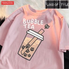 Tarz Sokak Kedi Inci Süt Çay Karikatür Adam T Gömlek Uydurma Gevşek Tee Giyim Eğlence Omuz Damla T-Shirt