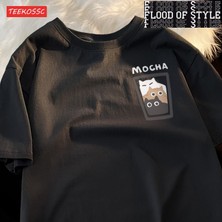 Tarz Sokak Mocha Latte Çift Kıyafeti Kedi Kahve Çift Erkek T-Shirt Grafik Serin Tee Gömlek Yüksek Kalite